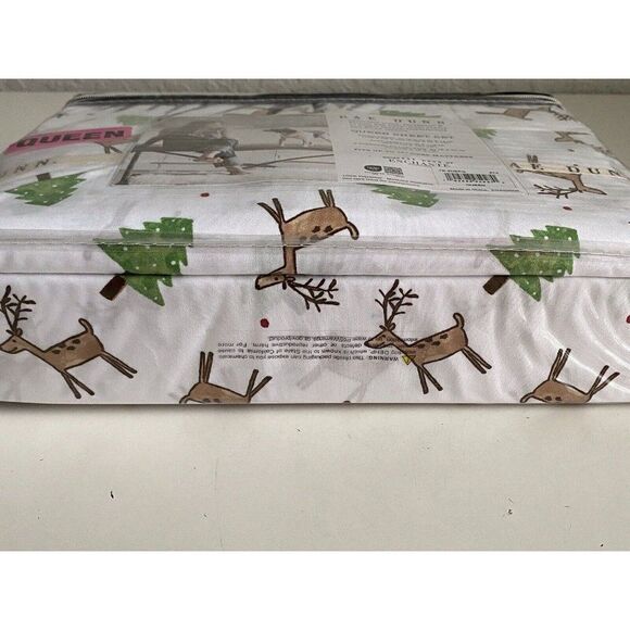 Rae Dunn Reindeer Christmas Tree Soft Queen Size Sheet Set Holiday 4 Piece NEW - Picture 14 of 14